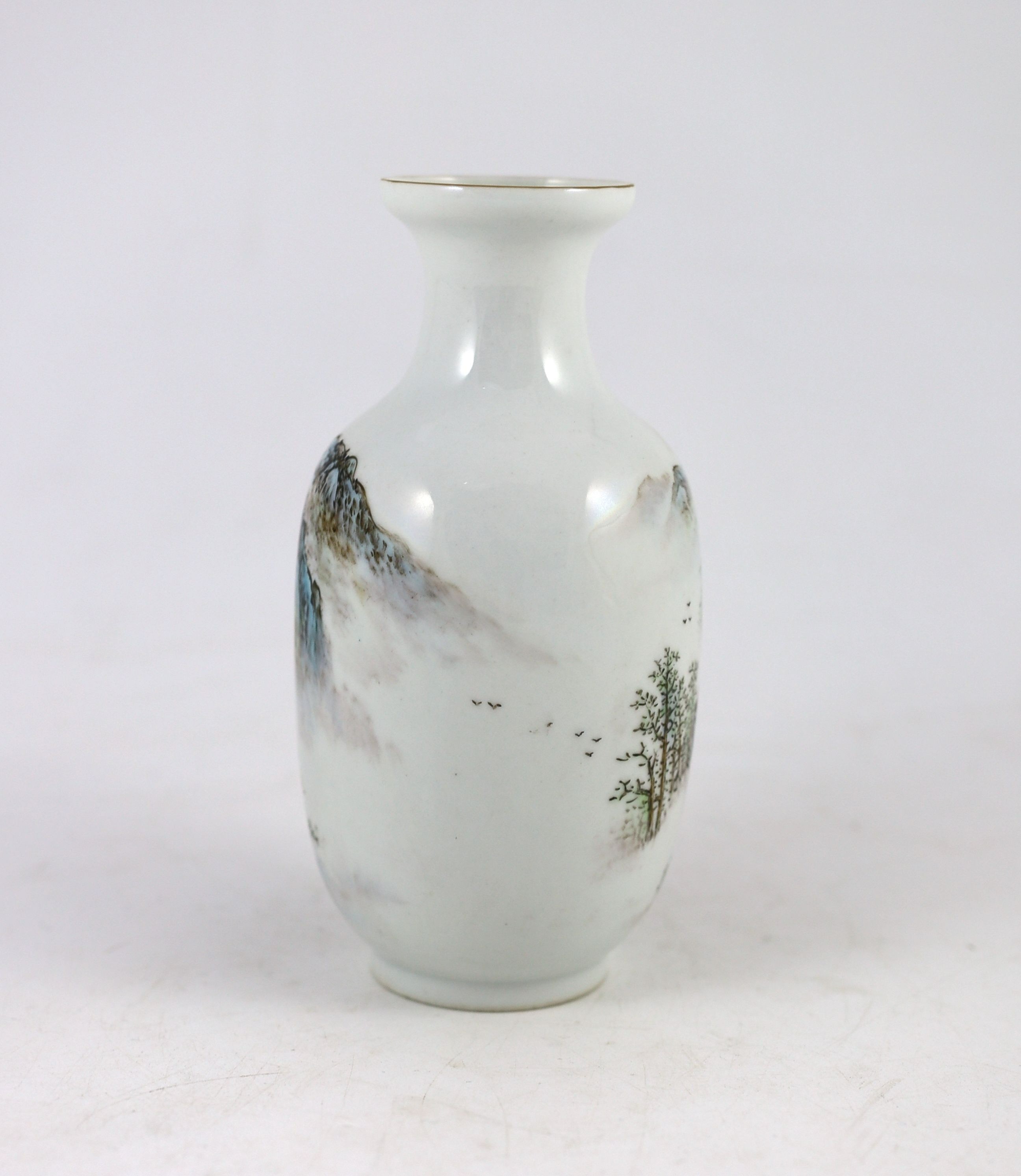 A Chinese landscape baluster vase, circa 1950, 19cms high.